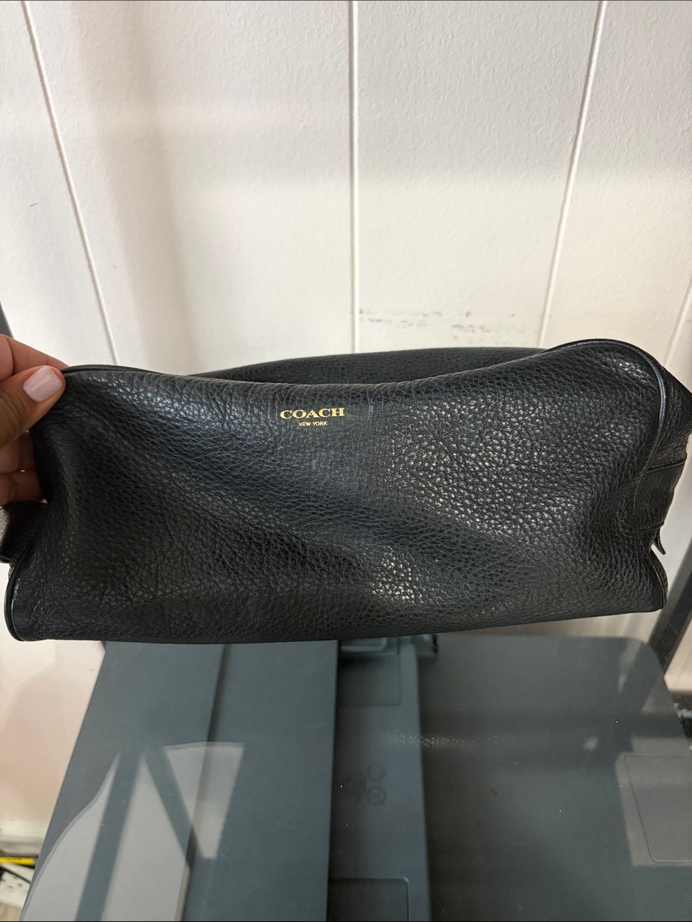 Coach Black Pebbled Leather Toiletry Pouch with Gold Logo